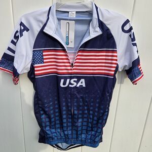 USA Flag Blue Red Sportswear Short Sleeve Full Zip Cycling Jersey Men's Size M